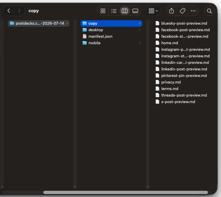 The saved run in Finder: per-page Markdown copy alongside desktop and mobile folders