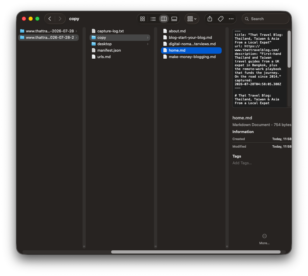 The saved run in Finder: a copy folder of per-page Markdown, next to urls.md and the captured screenshots